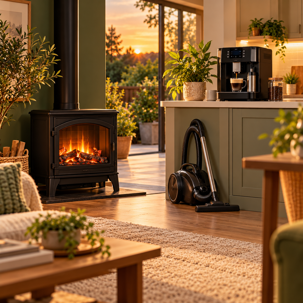 Living room with electric stove, coffee machine and vacuum cleaner