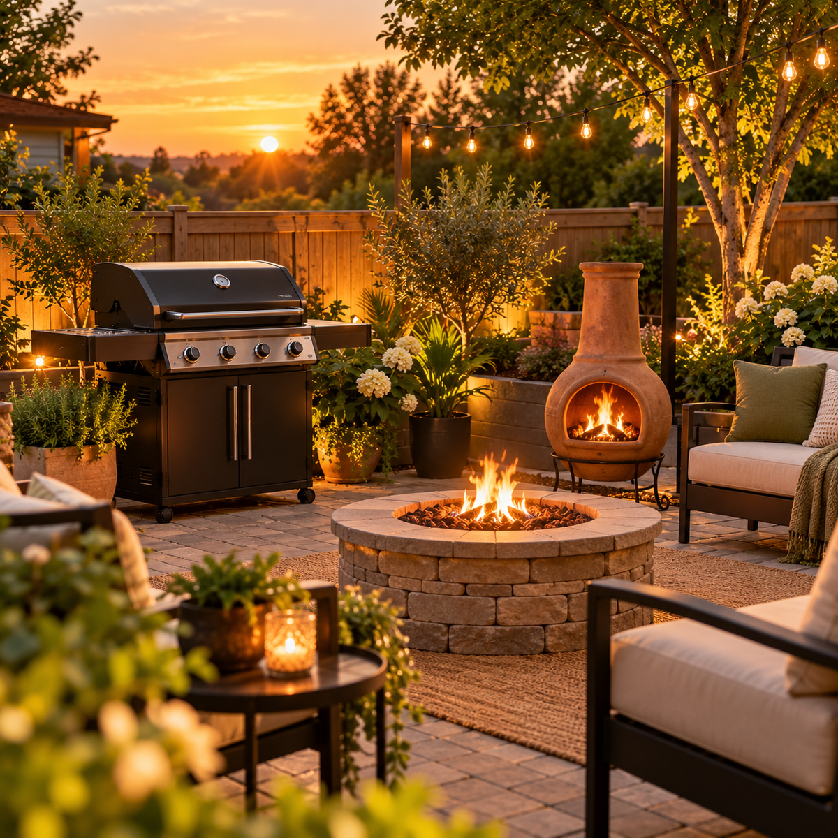 Backyard patio with grill, fire pit and chiminea at sunset