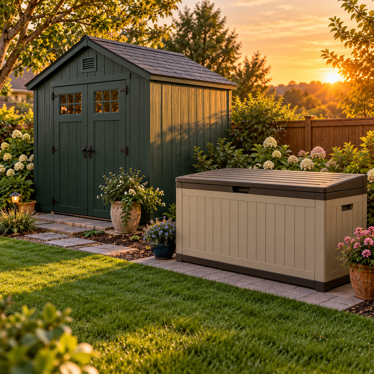 Garden shed and storage box in a backyard at sunset