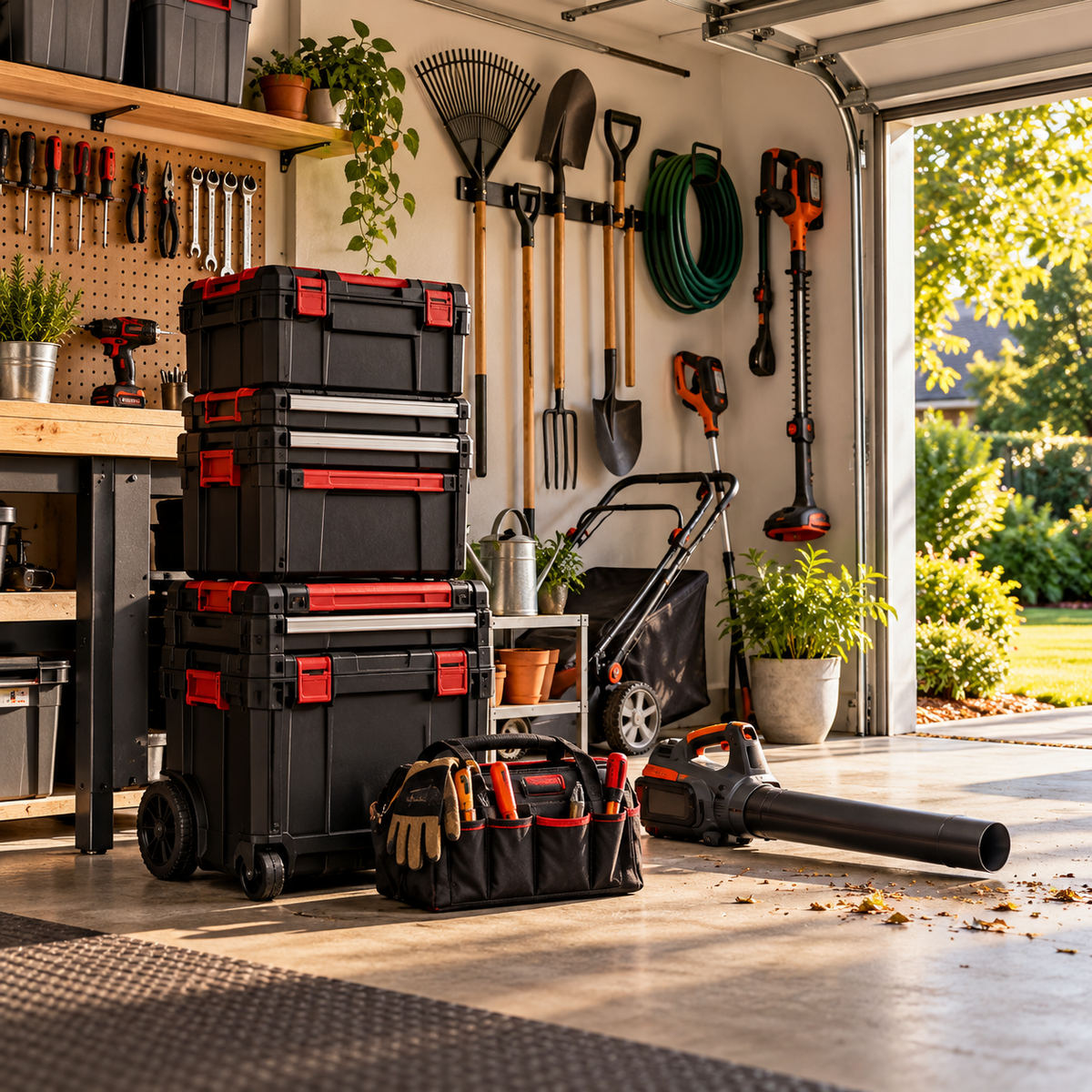 Organized garage with rolling toolboxes, tool bag and leaf blower
