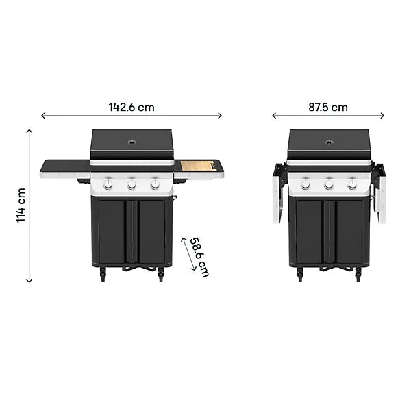 GoodHome Attaia Black 3 burner Gas BBQ