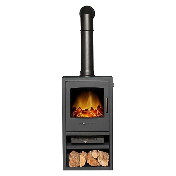 Adam Bergen XL Electric Stove in Charcoal Grey with Tall Angled Stove Pipe in Black