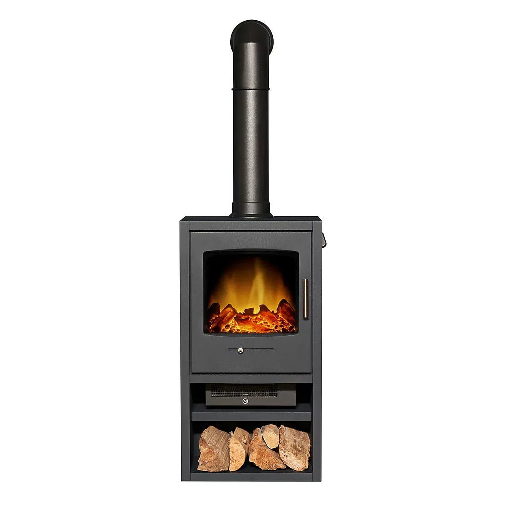 Adam Bergen XL Electric Stove in Charcoal Grey with Tall Angled Stove Pipe in Black