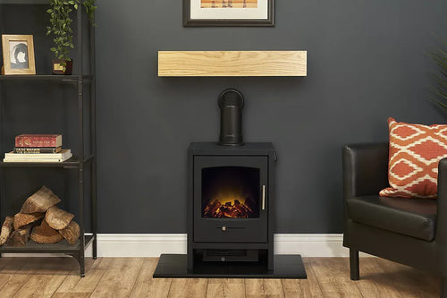 Adam Oak Beam, Hearth & Stove Pipe with Bergen Stove in Charcoal Grey