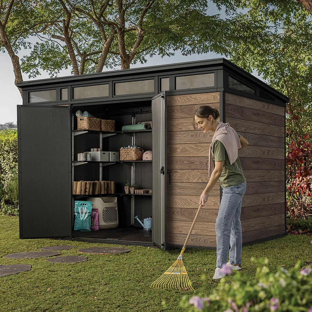 Keter Signature 7x11 ft Pent Walnut Plastic 2 door Shed with floor & 8 windows